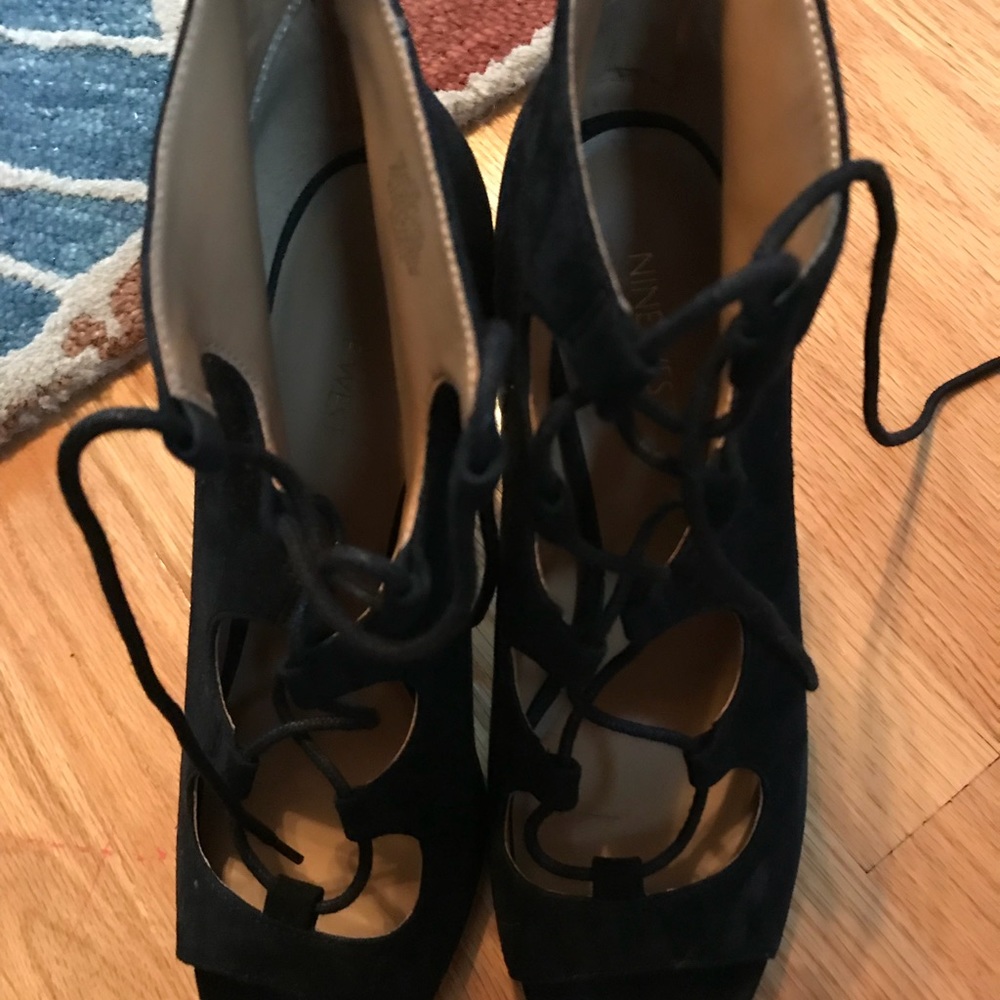 Black suede tie up heel open toe shoes